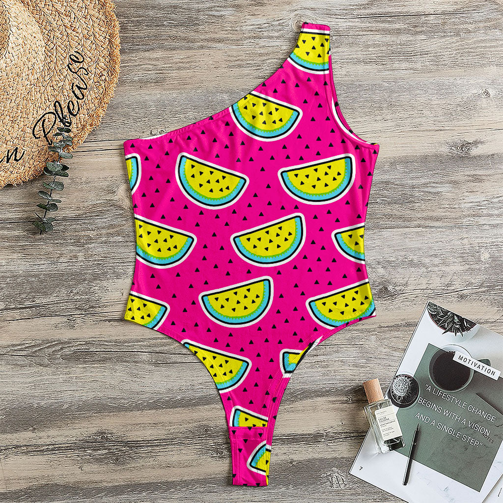 Purple Fancy Watermelon Pattern Print One Shoulder Bodysuit