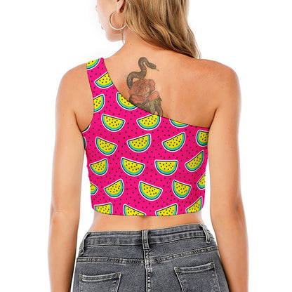 Purple Fancy Watermelon Pattern Print One Shoulder Crop Top