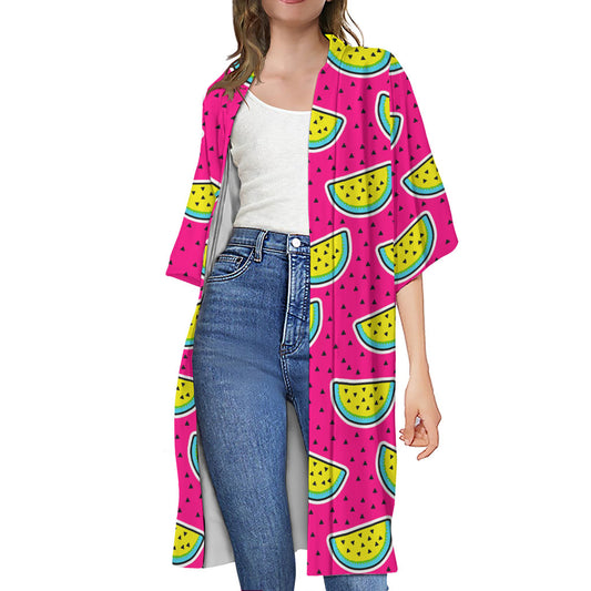 Purple Fancy Watermelon Pattern Print Open Front Beach Cover Up