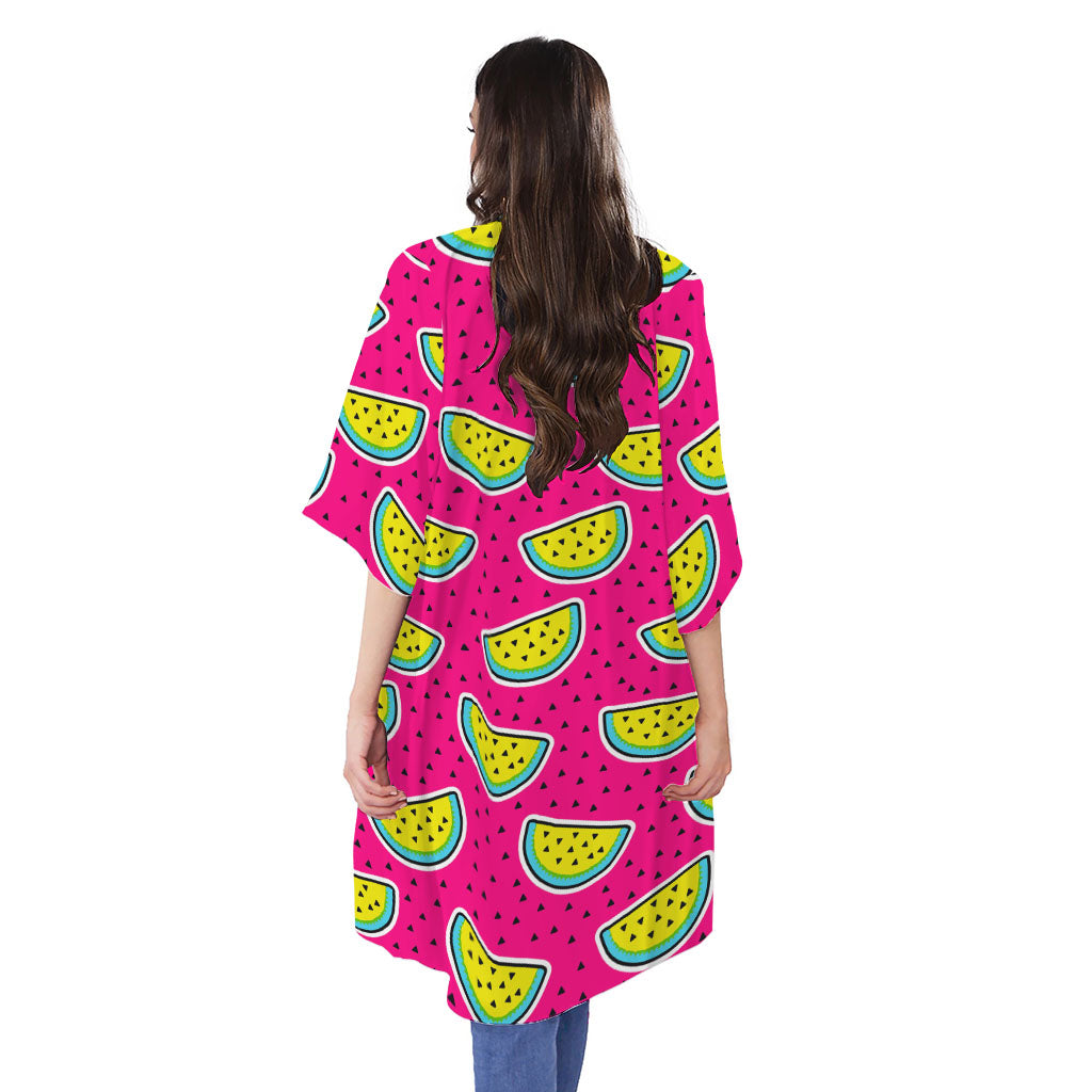 Purple Fancy Watermelon Pattern Print Open Front Beach Cover Up