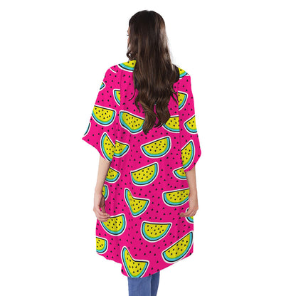 Purple Fancy Watermelon Pattern Print Open Front Beach Cover Up