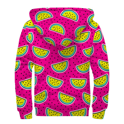 Purple Fancy Watermelon Pattern Print Sherpa Lined Zip Up Hoodie