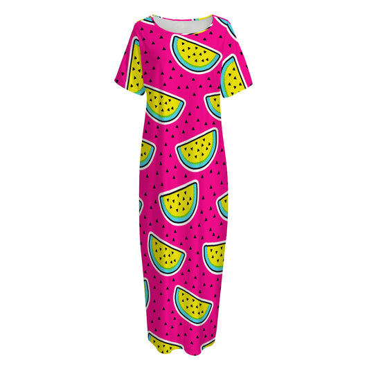 Purple Fancy Watermelon Pattern Print Short Sleeve Long Nightdress