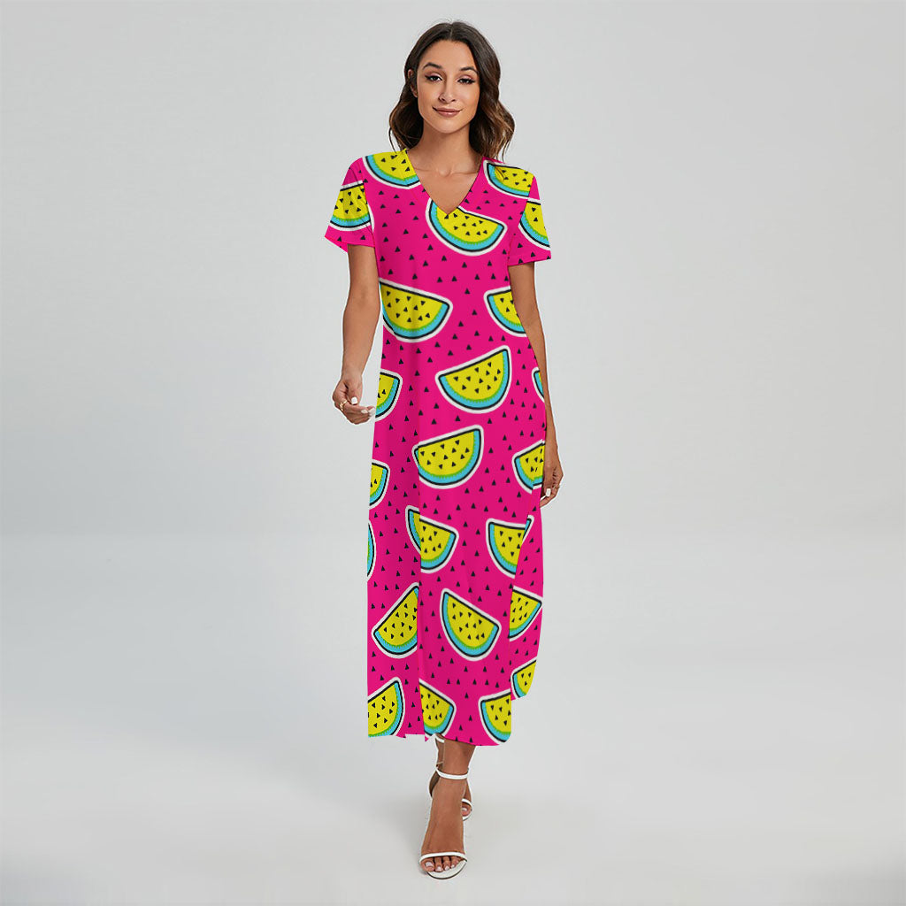 Purple Fancy Watermelon Pattern Print Short Sleeve Maxi Dress