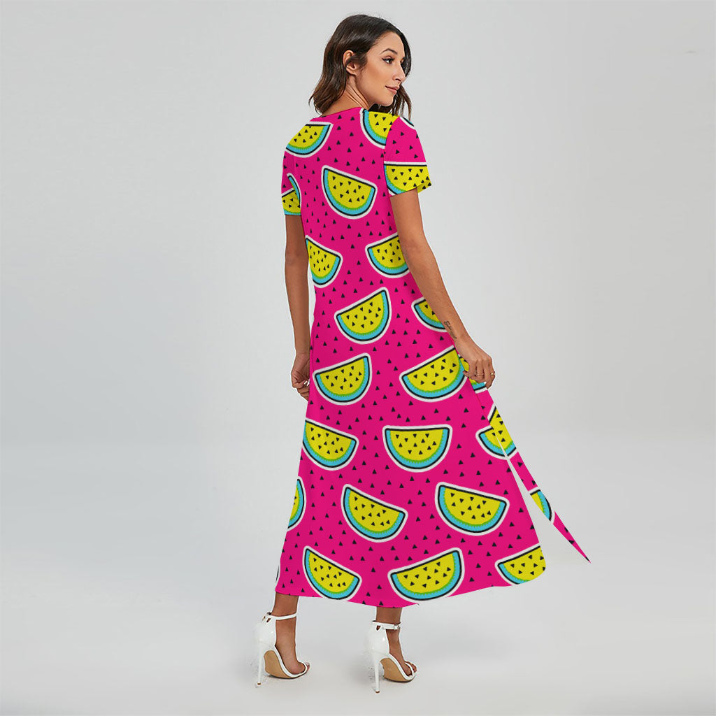 Purple Fancy Watermelon Pattern Print Short Sleeve Maxi Dress