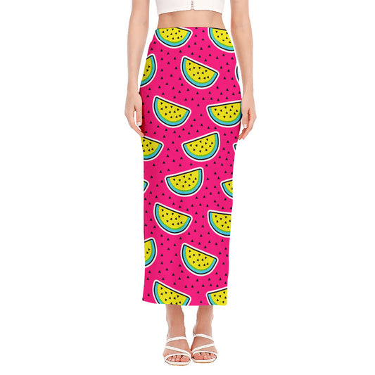 Purple Fancy Watermelon Pattern Print Side Slit Maxi Skirt