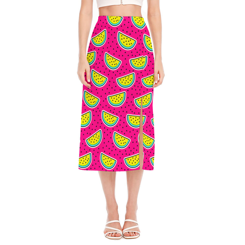 Purple Fancy Watermelon Pattern Print Side Slit Midi Skirt