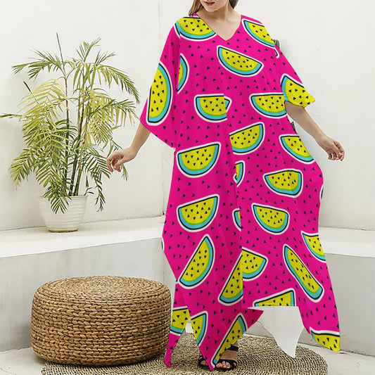 Purple Fancy Watermelon Pattern Print Silk V-Neck Kaftan Dress