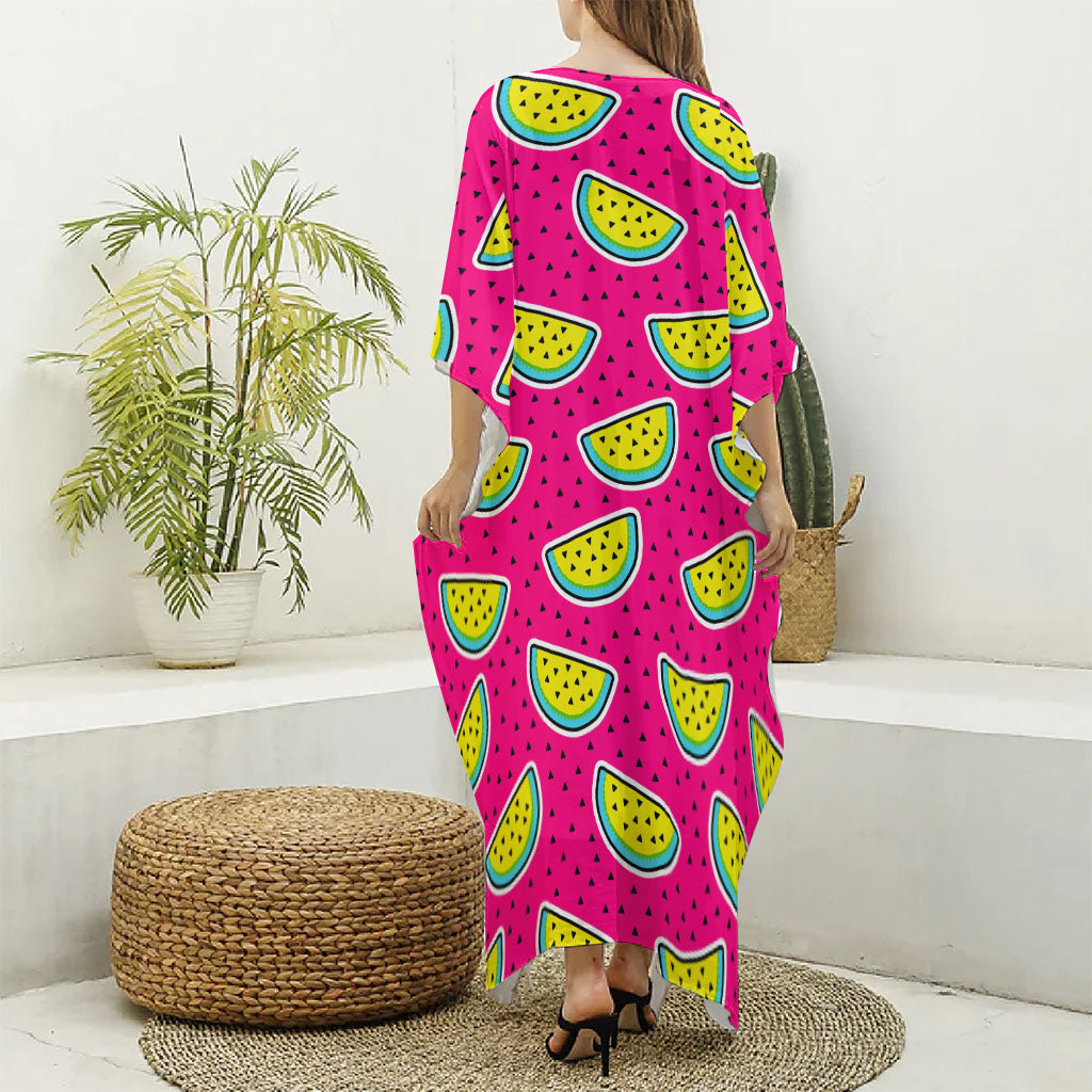 Purple Fancy Watermelon Pattern Print Silk V-Neck Kaftan Dress