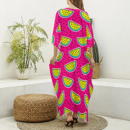 Purple Fancy Watermelon Pattern Print Silk V-Neck Kaftan Dress