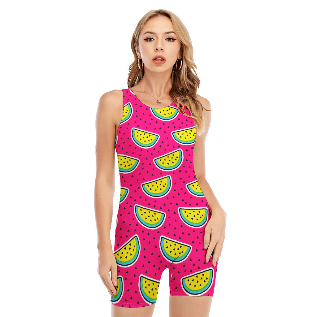 Purple Fancy Watermelon Pattern Print Sleeveless One Piece Swimsuit