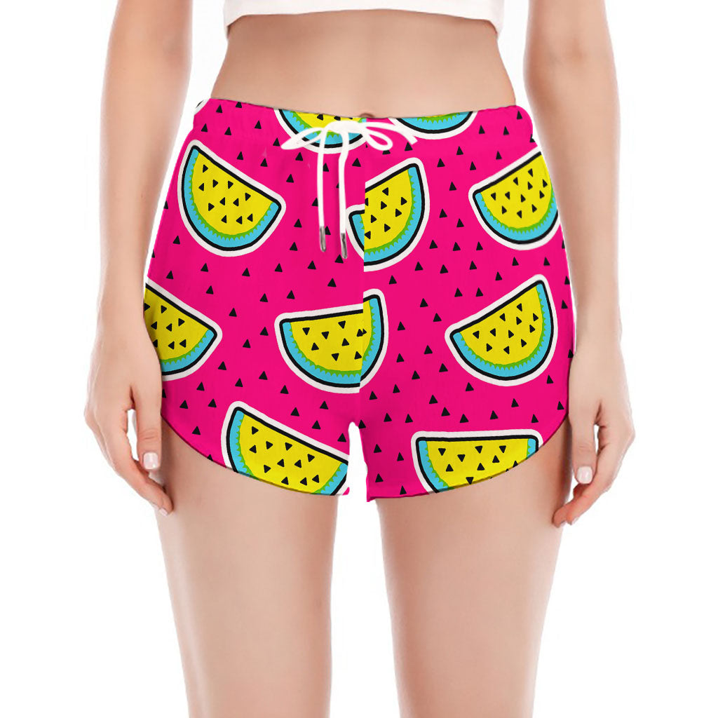 Purple Fancy Watermelon Pattern Print Women's Split Running Shorts