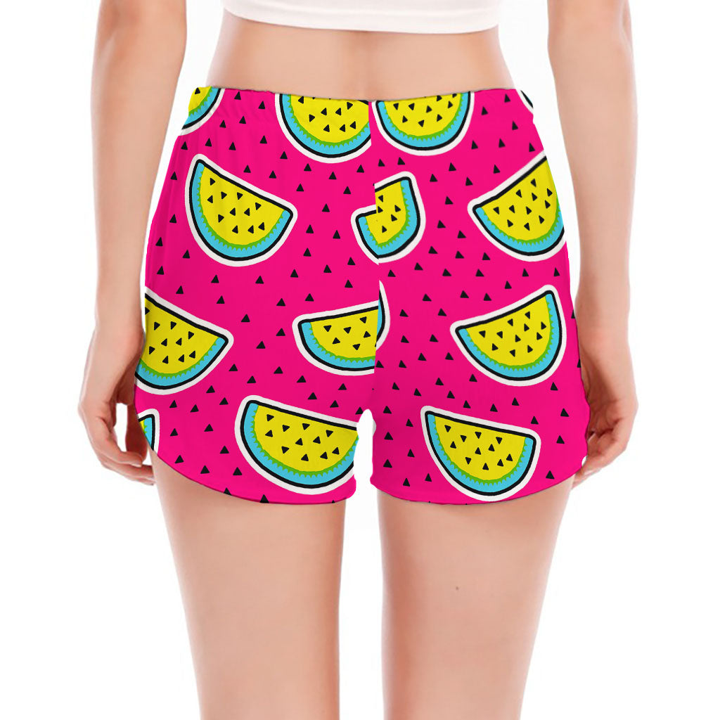 Purple Fancy Watermelon Pattern Print Women's Split Running Shorts