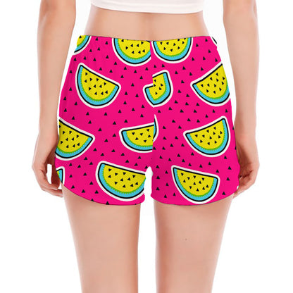 Purple Fancy Watermelon Pattern Print Women's Split Running Shorts