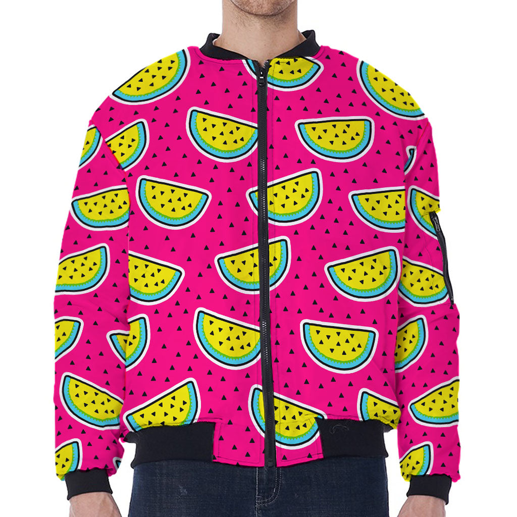 Purple Fancy Watermelon Pattern Print Zip Sleeve Bomber Jacket