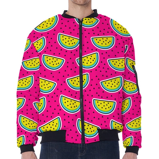Purple Fancy Watermelon Pattern Print Zip Sleeve Bomber Jacket