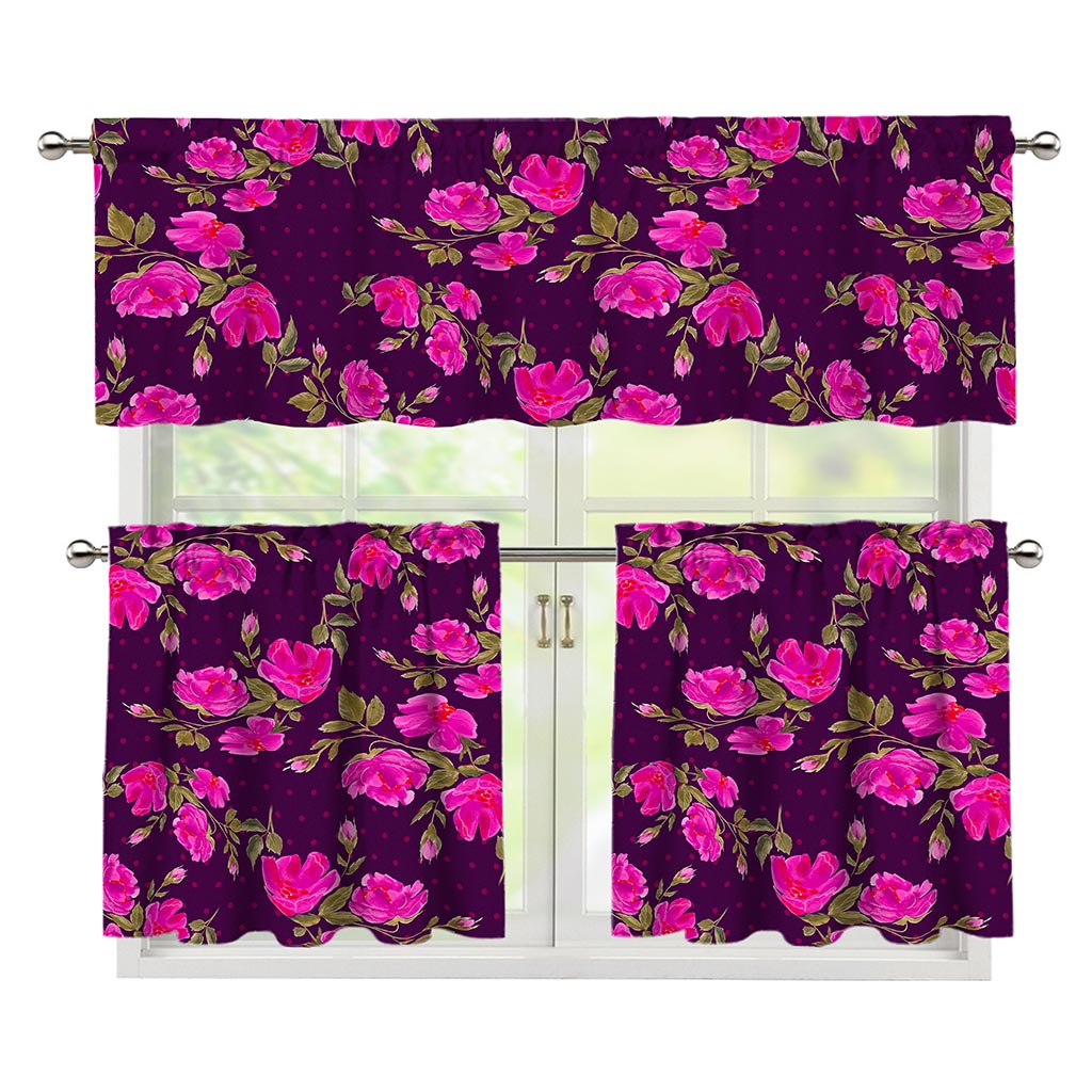 Purple Floral Flower Pattern Print 3 Piece Kitchen Curtains