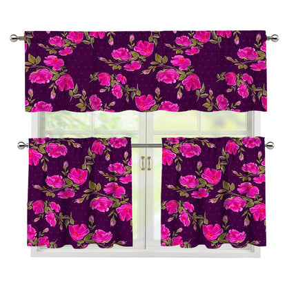 Purple Floral Flower Pattern Print 3 Piece Kitchen Curtains