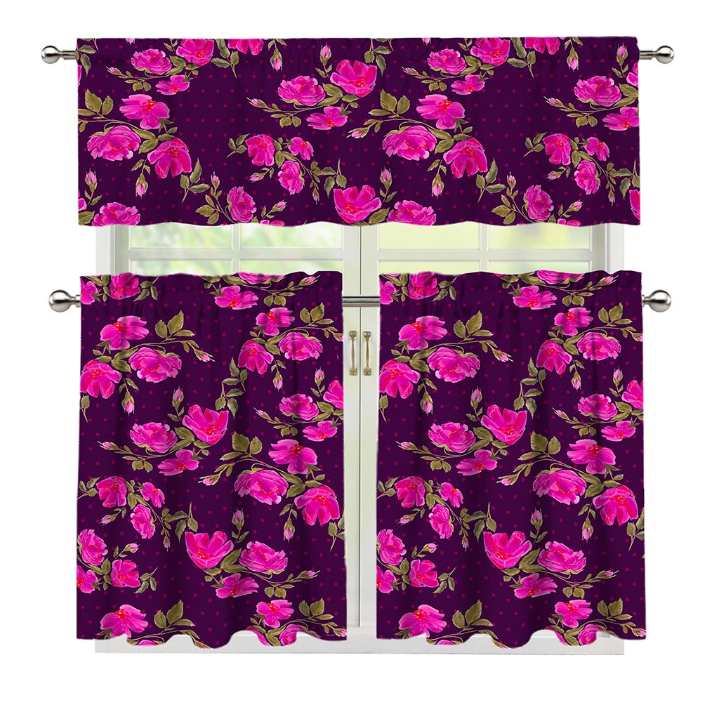 Purple Floral Flower Pattern Print 3 Piece Kitchen Curtains