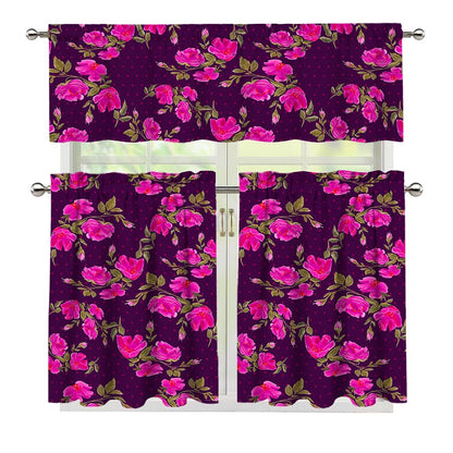 Purple Floral Flower Pattern Print 3 Piece Kitchen Curtains