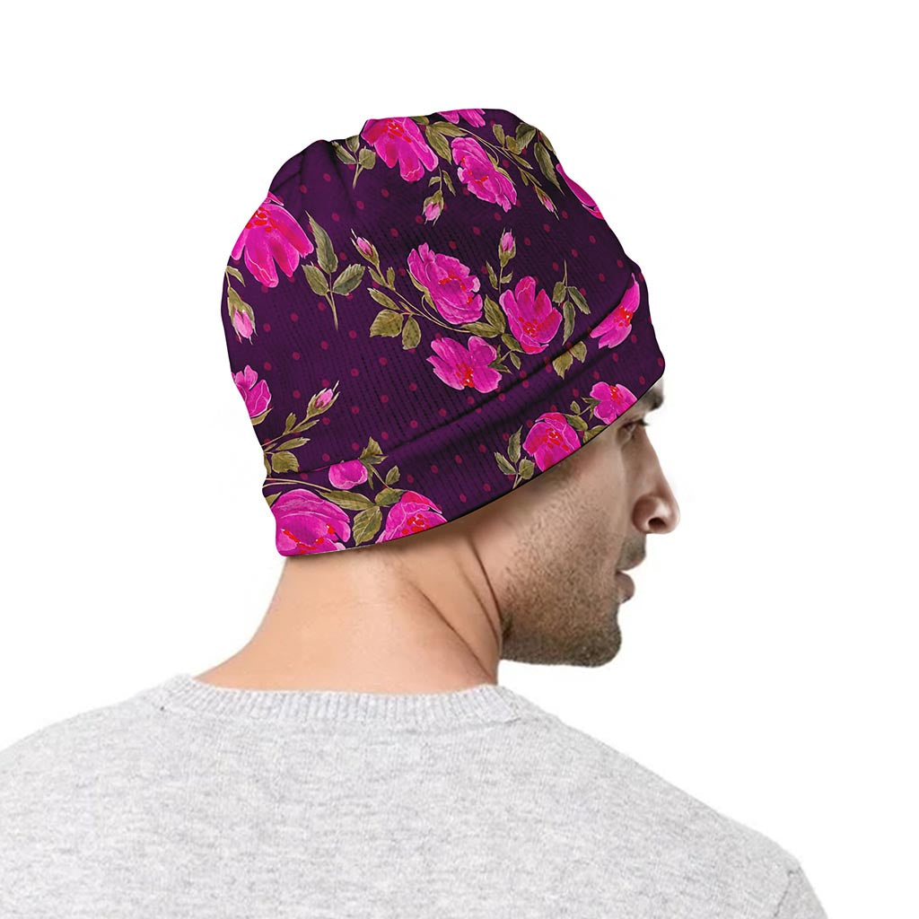 Purple Floral Flower Pattern Print Beanie