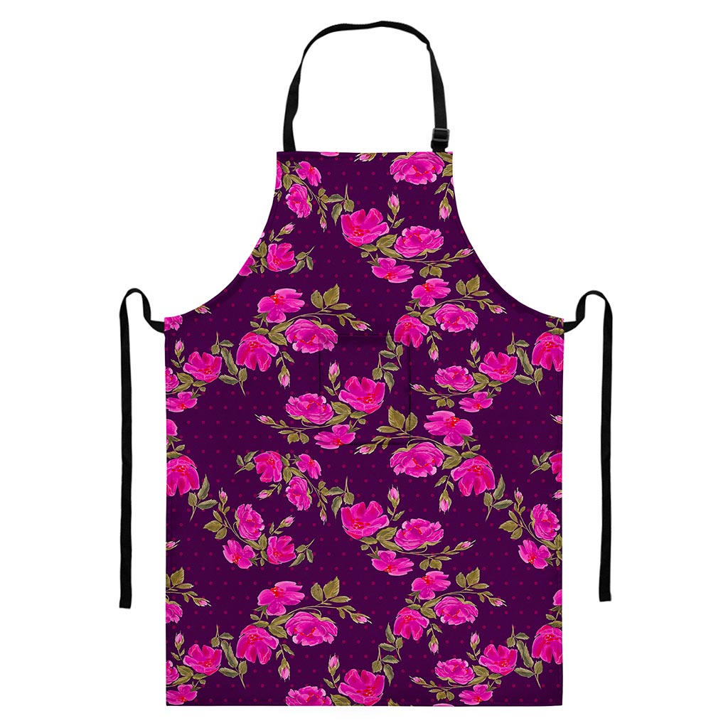 Purple Floral Flower Pattern Print Bib Apron With Pocket