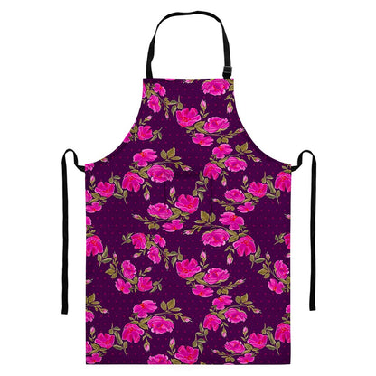 Purple Floral Flower Pattern Print Bib Apron With Pocket