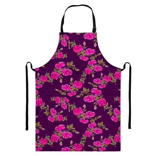 Purple Floral Flower Pattern Print Bib Apron With Pocket
