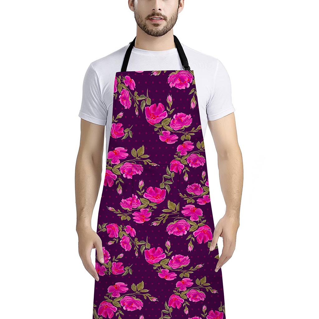 Purple Floral Flower Pattern Print Bib Apron With Pocket