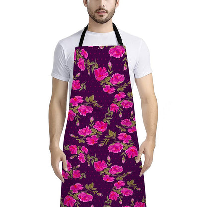 Purple Floral Flower Pattern Print Bib Apron With Pocket