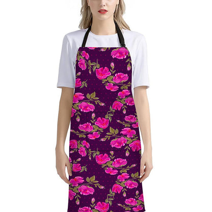 Purple Floral Flower Pattern Print Bib Apron With Pocket