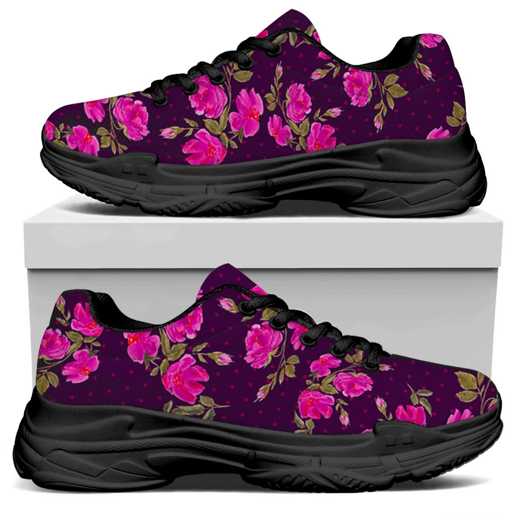 Purple Floral Flower Pattern Print Black Chunky Shoes