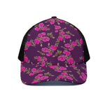 Purple Floral Flower Pattern Print Black Mesh Trucker Cap