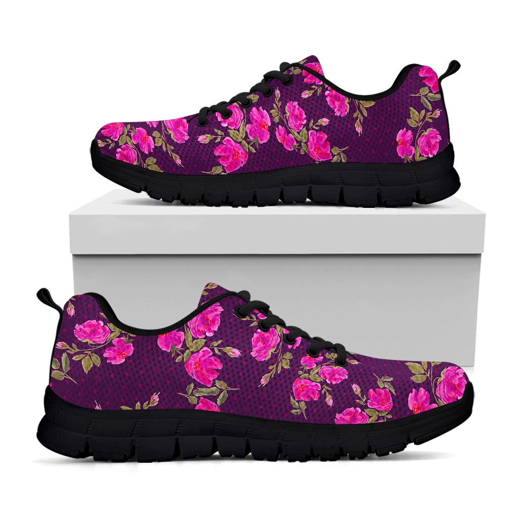 Purple Floral Flower Pattern Print Black Running Shoes