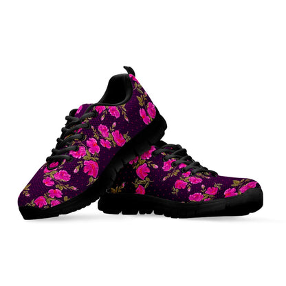 Purple Floral Flower Pattern Print Black Running Shoes