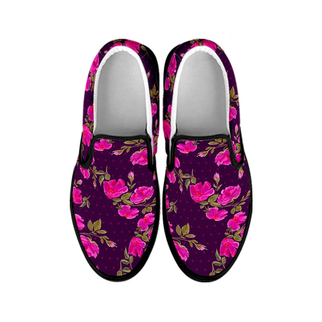 Purple Floral Flower Pattern Print Black Slip On Sneakers