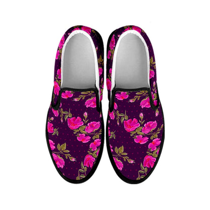 Purple Floral Flower Pattern Print Black Slip On Sneakers