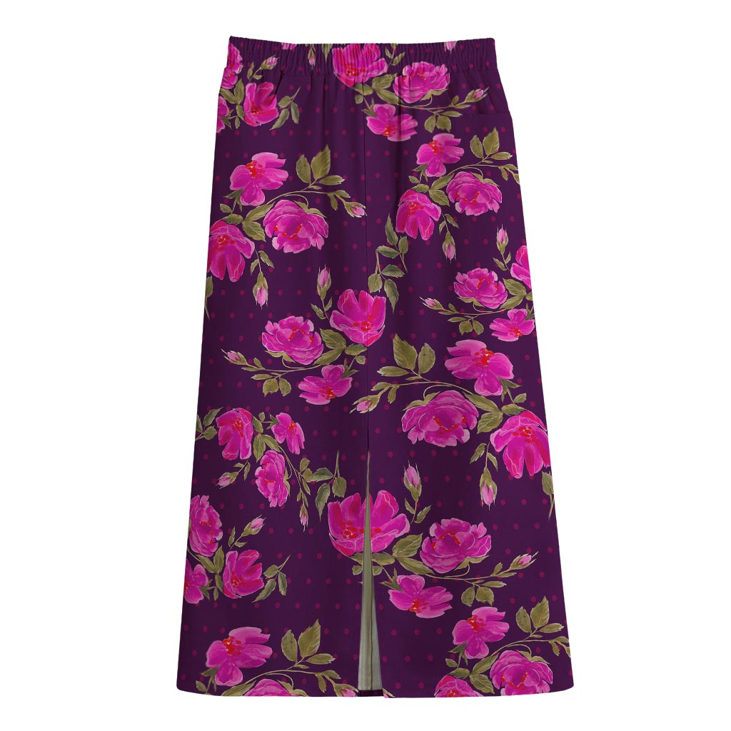 Purple Floral Flower Pattern Print Cotton Front Slit Maxi Skirt