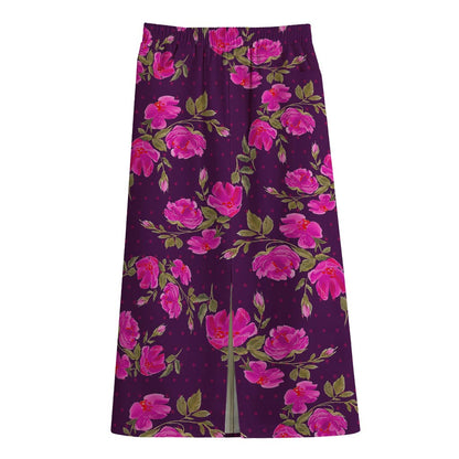 Purple Floral Flower Pattern Print Cotton Front Slit Maxi Skirt