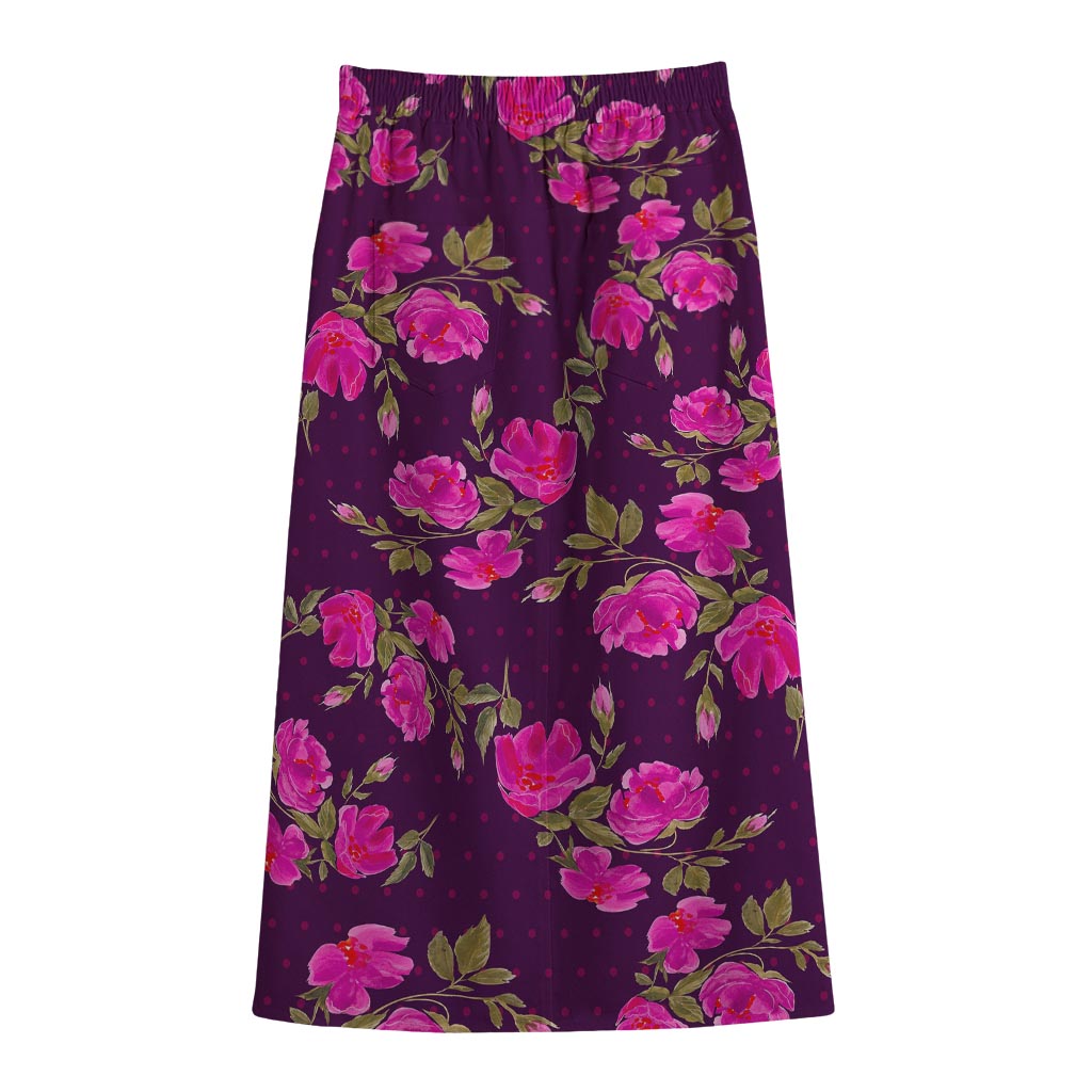 Purple Floral Flower Pattern Print Cotton Front Slit Maxi Skirt