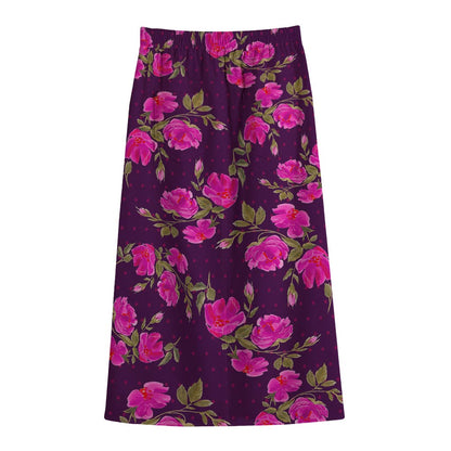 Purple Floral Flower Pattern Print Cotton Front Slit Maxi Skirt