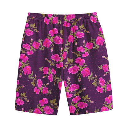 Purple Floral Flower Pattern Print Cotton Shorts