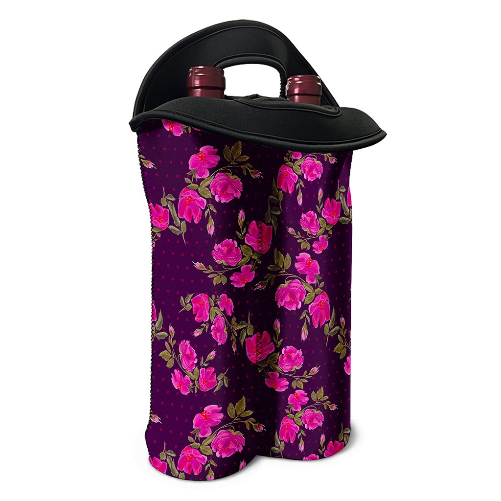 Purple Floral Flower Pattern Print Double Neoprene Wine Tote