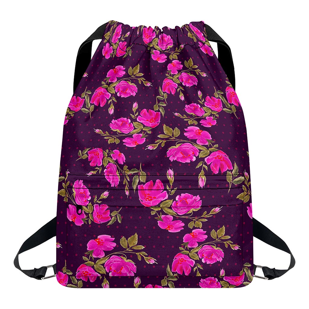 Purple Floral Flower Pattern Print Drawstring Backpack