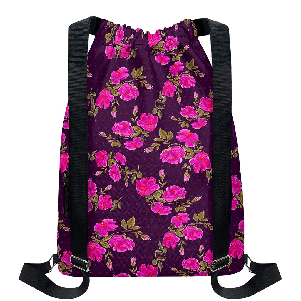 Purple Floral Flower Pattern Print Drawstring Backpack