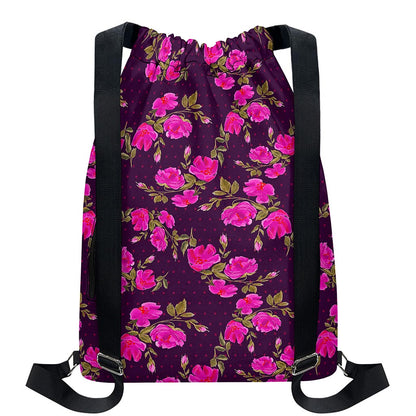 Purple Floral Flower Pattern Print Drawstring Backpack