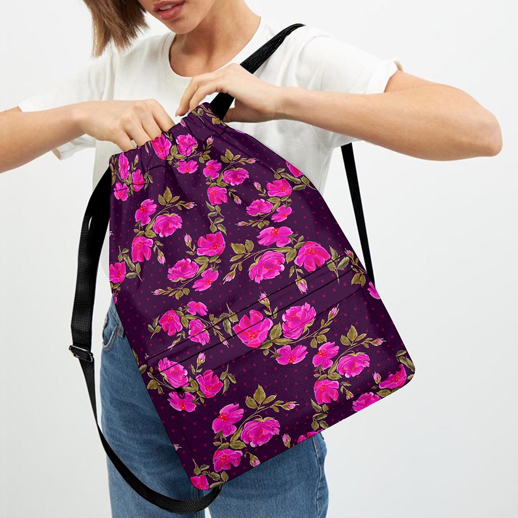 Purple Floral Flower Pattern Print Drawstring Backpack