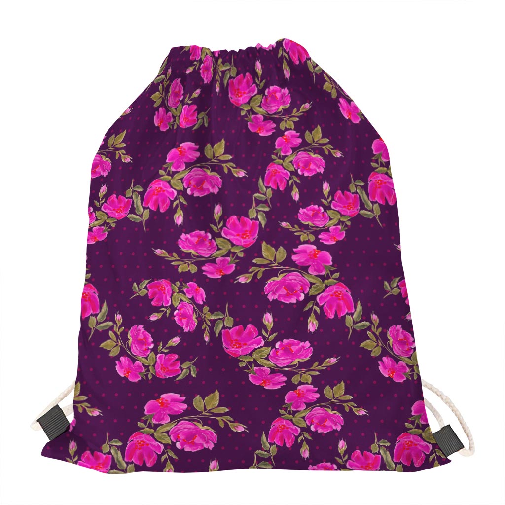Purple Floral Flower Pattern Print Drawstring Bag