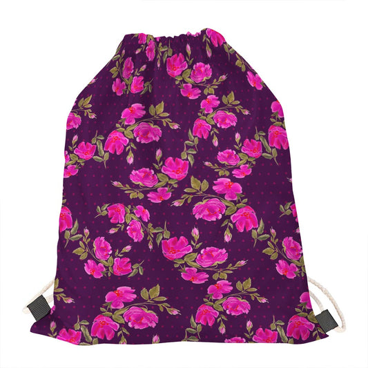 Purple Floral Flower Pattern Print Drawstring Bag