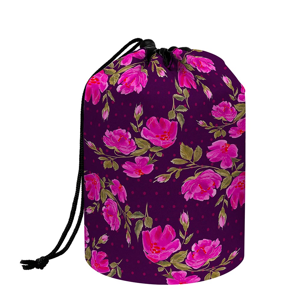 Purple Floral Flower Pattern Print Drawstring Makeup Bag